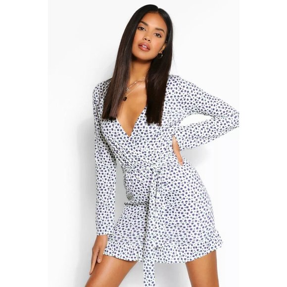 Boohoo Dress White Ditsy Floral Long Sleeve V Neck Belted Ribbed - Picture 1 of 11